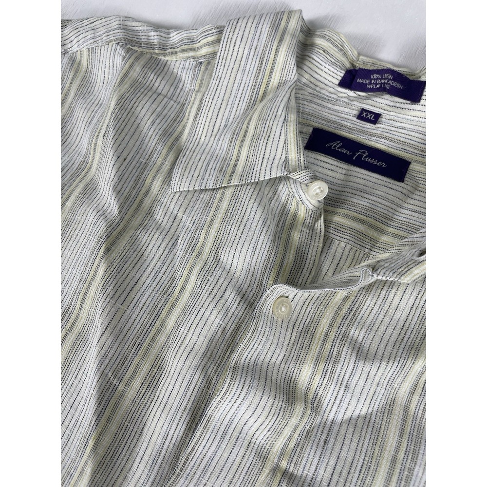 Mens XXL ALAN‎ FLUSSER 100% Linen SHIRT Yellow Stripes Button Down Short Sleeves